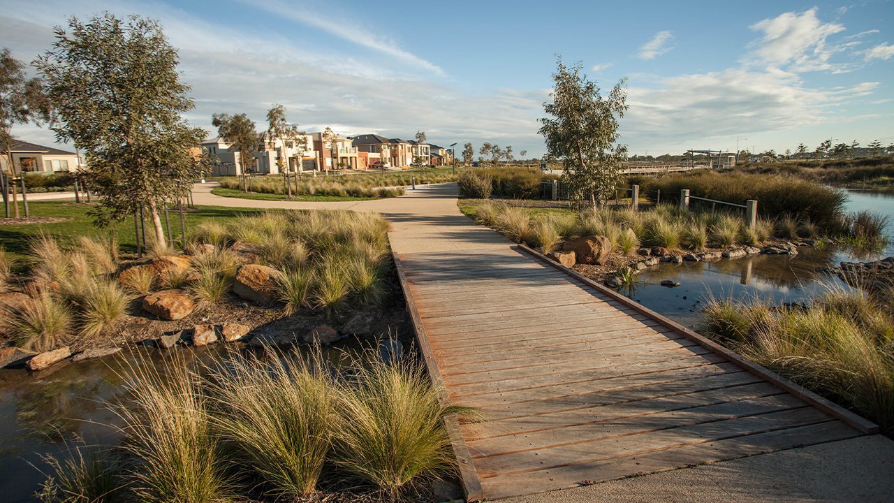 Svg+xml;charset=utf — tract Flat wooden bridge over a narrow water way in a wetlands